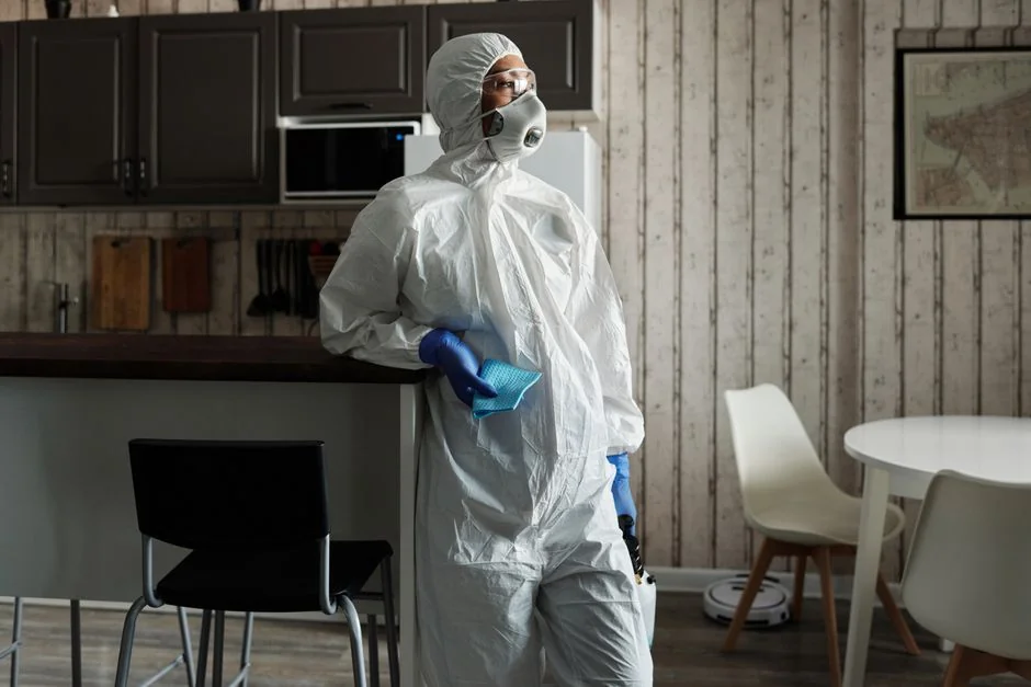 services-02 A cleaner in protective coveralls and gloves vacuuming a modern living room.
